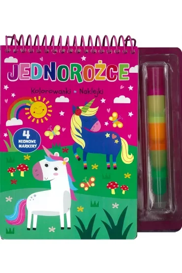 Jednorożce. Kolorowanki, naklejki, 4 neonowe markery