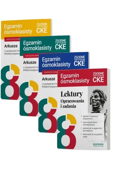 Pakiet Egzamin ósmoklasisty. Arkusze z rozwiązaniami krok po kroku: Język polski, Matematyka, Język angielski, Egzamin ósmoklasisty. Lektury. Opracowania i zadania