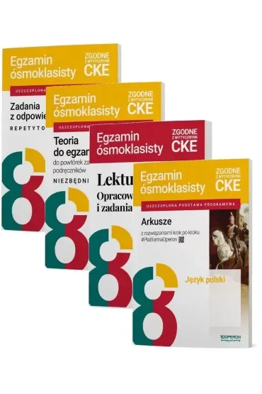 Pakiet. Egzamin ósmoklasisty. Język polski: Zadania z odpowiedziami. Repetytorium, Niezbędnik, Arkusze z rozwiązaniami krok po kroku, Lektury. Opracowania i zadania