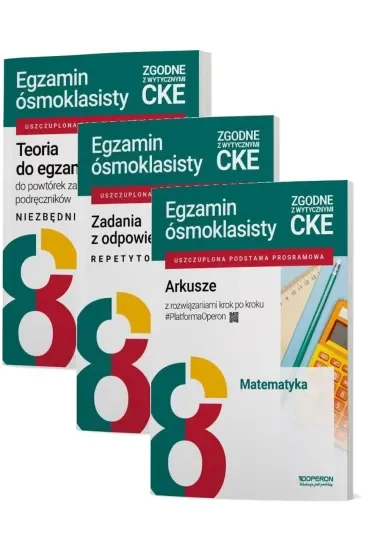 Pakiet. Egzamin ósmoklasisty. Matematyka: Niezbędnik, Zadania z odpowiedziami. Repetytorium, Arkusze z rozwiązaniami krok po kroku