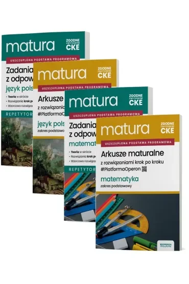 Pakiet Matura 2026. Język polski i Matematyka. Zakres podstawowy: Zadania maturalne z odpowiedziami. Repetytorium, Arkusze maturalne z rozwiązaniami krok po kroku