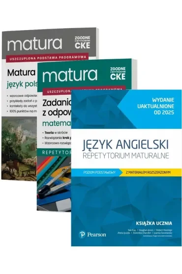 Pakiet Matura 2026: Język polski. Matura ustna, Matematyka. Zadania maturalne z odpowiedziami. Repetytorium. Zakres podstawowy, Język angielski. Repetytorium maturalne. Poziom podstawowy z materiałem 