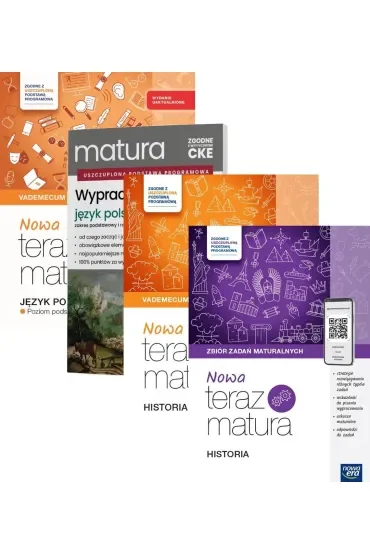Pakiet Matura 2026. Nowa Teraz matura. Vademecum: Język polski. Zakres podstawowy oraz Historia, Język polski. Wypracowania. Zakres podstawowy i rozszerzony, Nowa Teraz matura. Historia. Zbiór zadań m