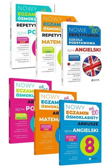 Pakiet Nowy Egzamin ósmoklasisty. Repetytorium: Język polski oraz Matematyka, Nowe Repetytorium. Szkoła podstawowa. Język angielski, Nowy Egzamin ósmoklasisty. Arkusze: Język polski, Matematyka, Język