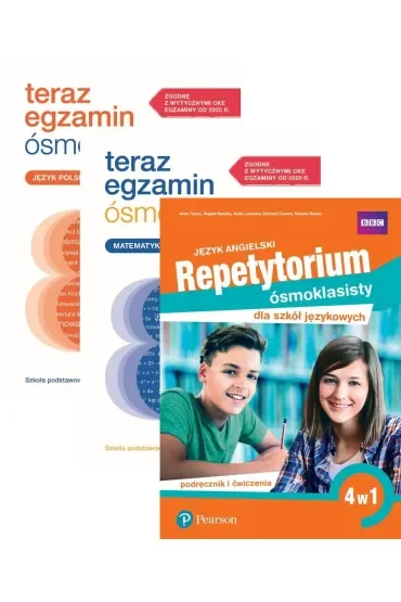 Pakiet. Teraz egzamin ósmoklasisty. Arkusze: Język polski i Matematyka, Repetytorium ósmoklasisty dla szkół językowych. Język angielski. 4 w 1. Podręcznik i ćwiczenia