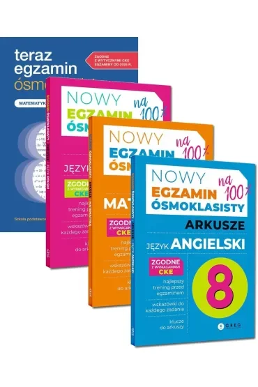Pakiet: Teraz egzamin ósmoklasisty. Matematyka. Repetytorium, Nowy Egzamin ósmoklasisty. Arkusze: Język polski, Matematyka, Język angielski