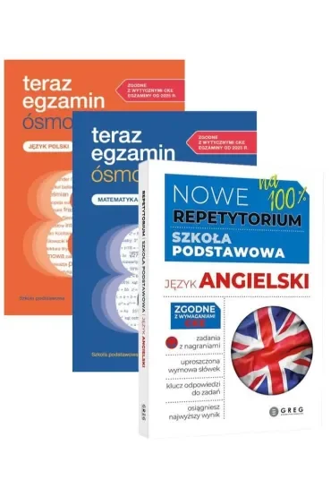Pakiet Teraz egzamin ósmoklasisty. Repetytorium: Język polski, Matematyka, Nowe Repetytorium. Szkoła podstawowa. Język angielski